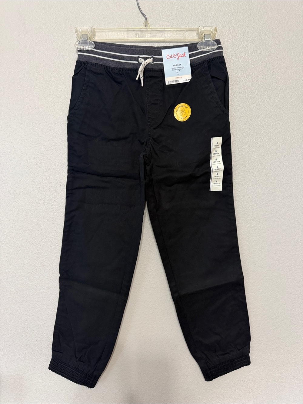 Cat & Jack Black Jogger Pants with Striped Waistband Size 8 Reinforces Knee